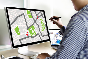 Canvas Print - GPS Map to Route Destination network connection Location Street Map with GPS Icons  Navigation