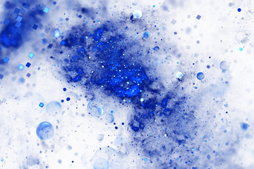 Bright splash. Abstract blue drops and sparkles on white background. Fantasy fractal texture. Digital art. 3D rendering.