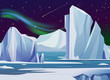 Vector illustration arctic night landscape with, iceberg and mountains. Cold climate winter background polar lights and stars.