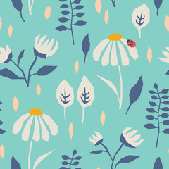 Poster - seamless pattern with flowers, leaves and a ladybug
