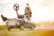 © V&P Photo Studio - kid boy driving big vintage toy car with a teddy bear