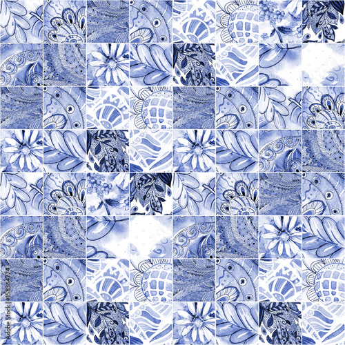 Naklejka na kafelki monochrome seamless texture with blue ethnic patchwork pattern. watercolor painting