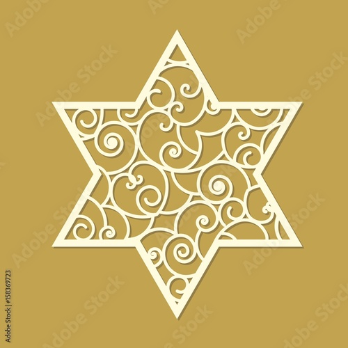Star of David laser cut template with curled pattern inside. Symbol of