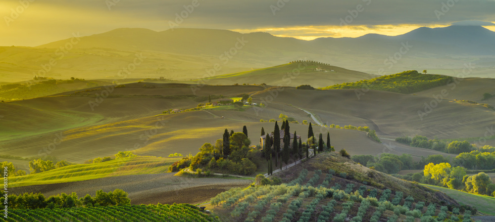 Fairytale, misty morning in the most picturesque part of Tuscany, val de orcia valleys - obrazy, fototapety, plakaty 