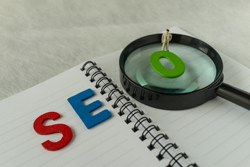 Aufkleber - search engine optimization concept as alphabet abbreviation seo, business man miniature figure and m
