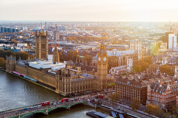 Aerial panorama view on London. View towards Houses of Parliament, London Eye and Westminster Bridge on Thames River.