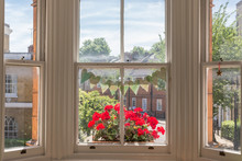 Interior Of A Victorian British House With Old Wooden White Windows  And Red Geranium Flowers On The Window Sill Facing A Traditional English Street
