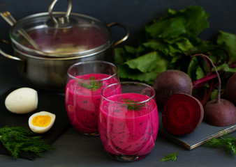 Wall Mural - Cold soup with yogurt beets and cucumbers. okroshka.