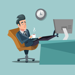 Poster - Coffee Break. Businessman Relaxing at Office Work. Vector Character illustration