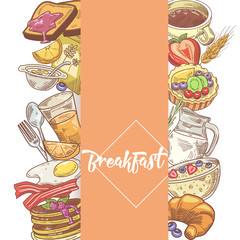 Wall Mural - Healthy Breakfast Hand Drawn Design with Bakery, Cornflakes and Juice. Eco Food. Vector illustration