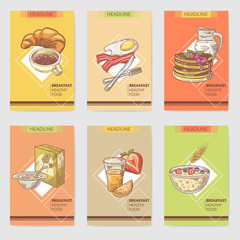 Wall Mural - Healthy Breakfast Hand Drawn Cards Brochure Menu with Milk, Eggs and Cornflakes. Eco Food. Vector illustration