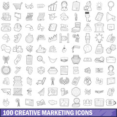 Poster - 100 creative marketing icons set, outline style