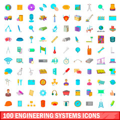 Poster - 100 engineering systems icons set, cartoon style