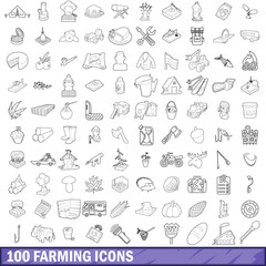 Poster - 100 farming icons set, outline style