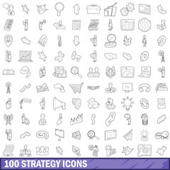 Poster - 100 strategy icons set, outline style