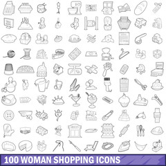 Wall Mural - 100 woman shopping icons set, outline style