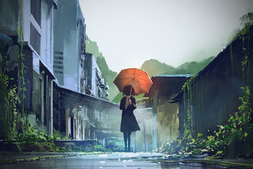 mysterious woman holds orange umbrella standing on street in abandoned city with digital art style, 