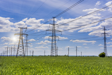 Wall Mural - a number of high-voltage lines of electric transmission in the green field