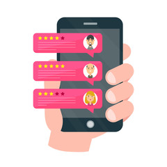 Rate our app flat concept. Hand holds smartphone.Vector modern style cartoon character illustration avatar icon design.Review rating bubble speeches on mobile. notifications, feedback messages concept