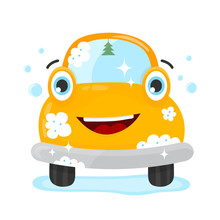 Happy Cute Fun Clear Car. Vector Flat Modern Style Illustration Character Icon Design. Isolated On White Background. Car Wash Services, Auto Cleaning Concept
