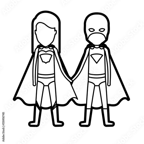 Monochrome Thick Contour Of Faceless Duo Superheroes United Of The