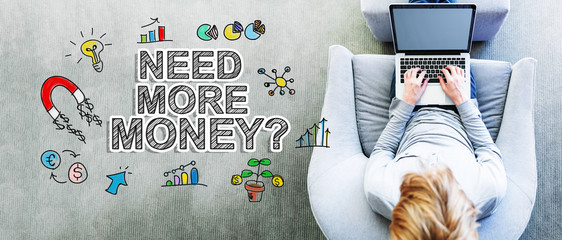 Wall Mural - Need More Money text with man using a laptop