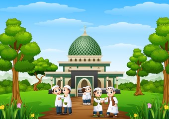 Wall Mural - Happy kids cartoon celebrate eid mubarak in the park with mosque