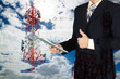Double exposure of businessman using tablet with green earth planet and give thumbs up on blue sky and cloud.