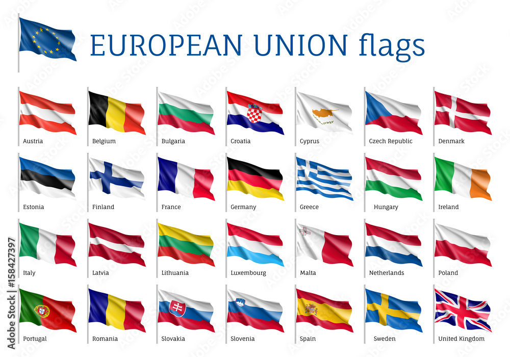Set of waving flags of EU: Spain, Sweden, Poland and Portugal, Belgium, Denmark, Latvia and Romania. 25 ensigns on flagpole of European Union states. Vector isolated icons on white background - obrazy, fototapety, plakaty 