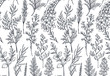 Seamless pattern with hand drawn spring flowers and plants