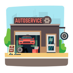 Sticker - Car repair mechanic shop with automobile inside auto garage vector illustration