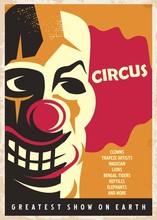 Circus Poster Design Template With Red Nose Clown Portrait On Yellow Background