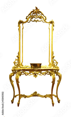 Gold Vintage Antique Dressing Table With Frame Mirror Isolated On Gold Vintage Antique Dressing Table