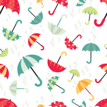 Colorful Bright Umbrellas Seamless Pattern Modern Design With Water Drops. Vector Illustration On White Background.