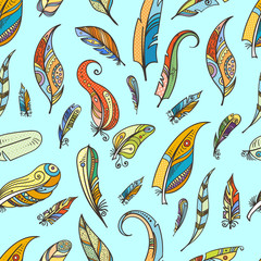 Wall Mural - Tribal feathers in boho style. Vector fashion seamless pattern