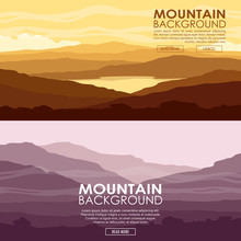Set Of Mountain Landscapes. Yellow And Purple Mountain Ranges At Sunset. Vector Illustration.