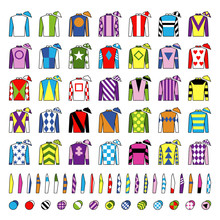 Jockey Uniform. Traditional Design. Jackets, Silks, Sleeves And Hats. Horse Riding. Horse Racing. Icons Set. Isolated On White. Vector Illustration.
