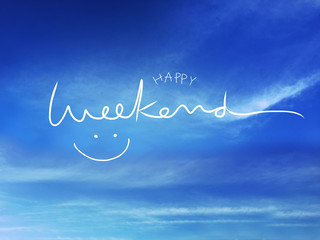 Happy weekend word and smile face on blue sky and cloud