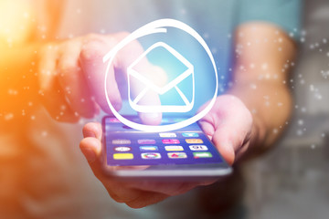 Poster - Email icon going out a smartphone interface - technology concept
