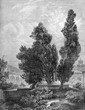 © acrogame - Typical Italian landscape:cloister loggia, church, fountain and beautiful cypresses - engraving from XIX century