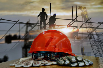 safety standard set  on working table and construction background .