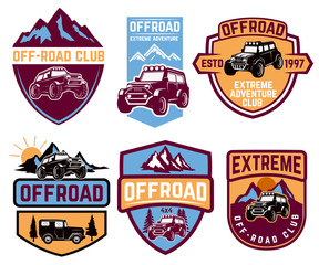 Wall Mural - Set of four off-road suv car emblems. Extreme adventure club. Vector illustration