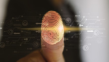 Businessman Login With Fingerprint Scanning Technology. Fingerprint To Identify Personal, Security System Concept