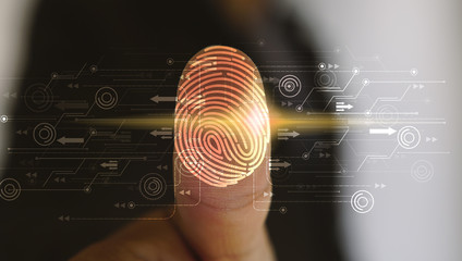 businessman login with fingerprint scanning technology. fingerprint to identify personal, security s
