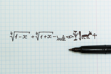 Complex mathematical examples in the notebook as Egyptian hieroglyphs.