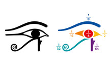 Eye Of Horus Fractions Arithmetic Values. In Ancient Egyptian, Fractions Were Written As Sum Of Unit Fractions, Represented By Different Parts Of The Eye Of Horus Symbol. Color Illustration. Vector.