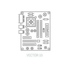 Wall Mural - Flat line vector computer part icon - motherboard. Cartoon style. Illustration and element for your design. Simple. Monochrome. Pc collection. IT. Electronic computing systems. Server. Data. Chip.