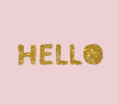 Word Hello of golden glitter on pink background in vintage style.