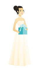 Canvas Print - Asian young woman in a white bridal dress holding a gift box. Full length of a woman in a white bridal dress with a gift box in hands. Vector flat design illustration isolated on white background.