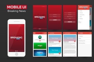 Mobile app Breaking News Material Design UI, UX, GUI. Responsive website.